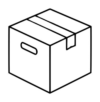 Isometric hand-drawn vector illustration of a sealed cardboard moving box icon with packing tape, carrying handle slot, and shipping label flap on minimalist white background