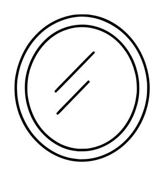 Minimalist hand-drawn vector icon depicting a round mirror with two diagonal reflection strokes, simple line art illustration for interior design and beauty themes
