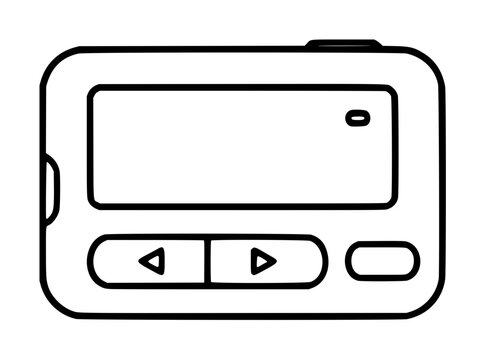 Hand traced black outline vector icon illustration of a retro pager device with display screen, rewind play buttons, and side clip in minimalist line art style on white background