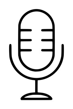 Minimalist black line art vector icon of a classic vintage studio microphone on a stand, hand-drawn outline illustration for audio, podcast, and broadcasting concepts
