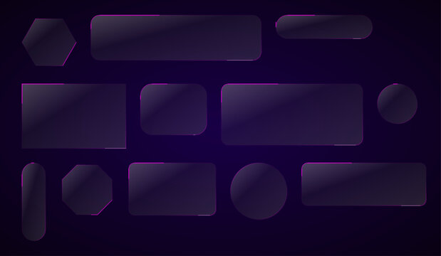 Glassmorphism UI elements set, frosted glass frames with purple neon glow, translucent geometric panels for web and app interface design