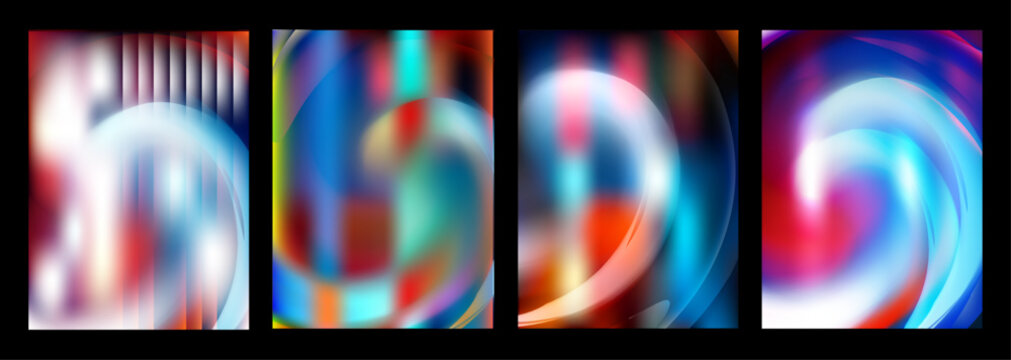Abstract blurred gradient background set, vibrant colorful liquid wave textures, 4 modern vector posters with dynamic light effects and soft motion blur