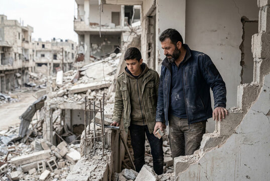 A Middle-Eastern father and son stand amidst the debris of a destroyed city block, embodying resilience and hope amidst adversity. 