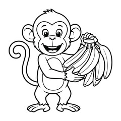 Cute Cartoon Monkey Holding Bananas Coloring Page for Kids Vector Illustration
