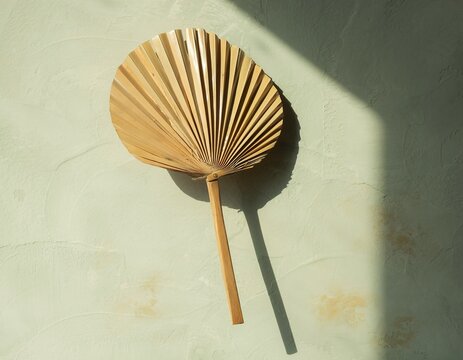 Handcrafted wooden fan rests on textured wall