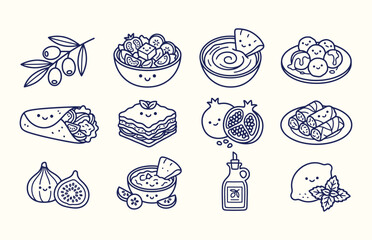 Obraz premium Mediterranean cuisine icons set in minimalist style for restaurant branding