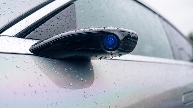 Extreme close-up of a sleek digital side camera on an electric luxury sedan. The tiny aerodynamic pod houses a sapphire lens amidst water drops on silver paint.