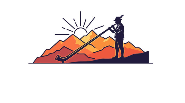 Alpine Horn Player Silhouette at Sunset Over Mountains