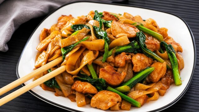 Chinese chicken chow fun with bok choy and chopsticks
