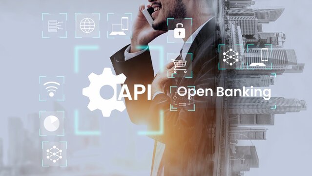 Businessman on Phone with API Interface for Open Banking Concept in Modern Urban Environment Showcasing Digital Transformation in Financial Services Gluon.