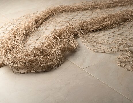 Weathered fishing net rests on smooth, light-toned tile surface
