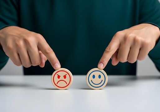Person choosing between angry and happy emotion icons on wooden blocks for mental health