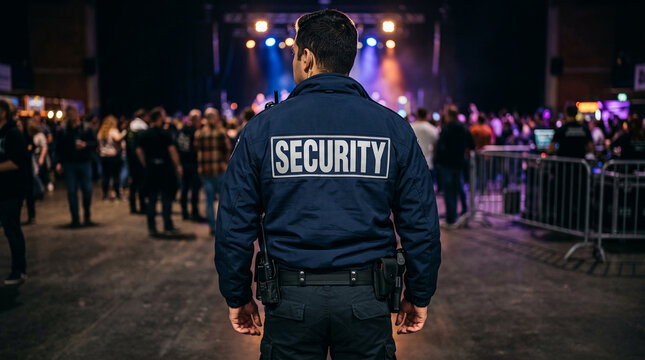 Security guard in dark uniform facing away at concert, symbolizing safety, protection, and event oversight in a crowd.