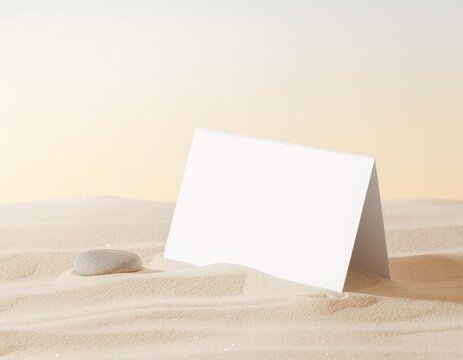 White card stands in soft sand