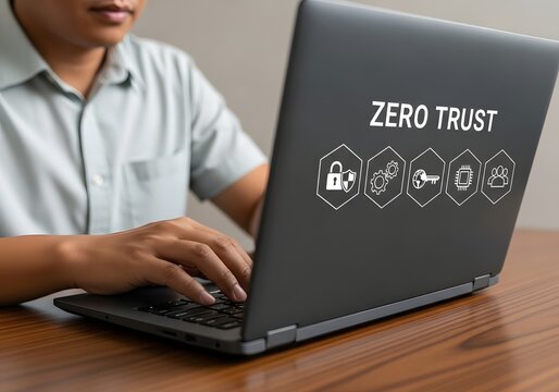 Professional working on a laptop with a zero trust cybersecurity network security concept