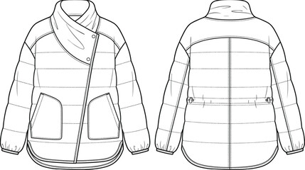 Women asymmetrical wrap quilted puffer jacket technical fashion flat sketch template featuring patch pockets waist drawstrings front back view vector © Dannjay