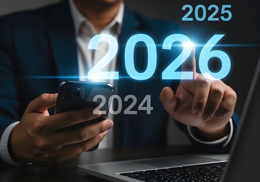 Business executive using a smartphone to plan goals for the upcoming year twenty twenty six