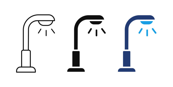 Street Light Icon Set &ndash; Lamp Post, Street Lamp, Outdoor Lighting, Outline, Solid and Color Editable Vector, Urban Lighting, City Lamp, Road Light Symbol Collection
