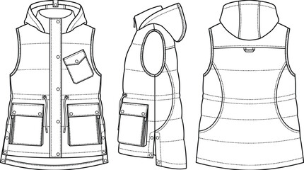 Women hooded quilted puffer vest technical fashion flat sketch template featuring cargo pockets waist drawstring front side back view vector © Dannjay