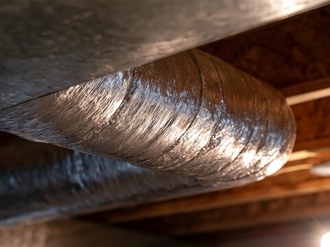 Flexible insulated HVAC duct run in unfinished basement ceiling
