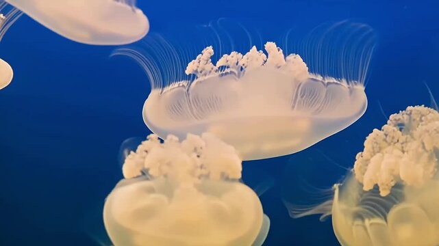 Group of translucent jellyfish gracefully swimming through deep blue water, showcasing their flowing tentacles and pulsating movements in an underwater environment