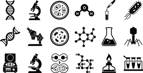 Naklejka premium Scientific Icons Collection Dna Microscope Cells And Chemical Structures