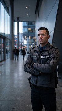 A security guard stands with arms crossed in front of a modern building, symbolizing safety, protection, and professionalism in an urban environment
