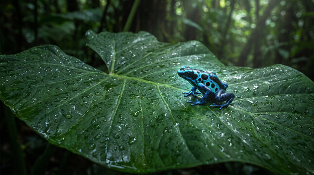 Extreme macro shot of a glowing blue and black poison dart frog sitting on a wet green leaf in the Amazon rainforest. Raindrops and vibrant colors highlight the environment.
