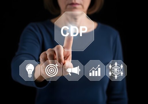 Businesswoman interacting with digital customer data platform interface for marketing strategy