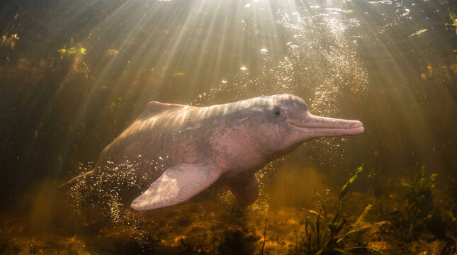 Spectacular underwater photography of a rare pink river dolphin swimming gracefully in the Amazon River. Bright sunbeams penetrate the dark water to illuminate its pink skin.