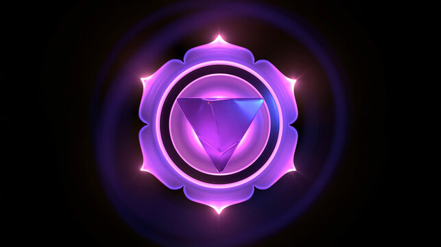 3D render of a violet-purple crown chakra energy symbol glowing during a meditation session, spiritual enlightenment concept, with copy space