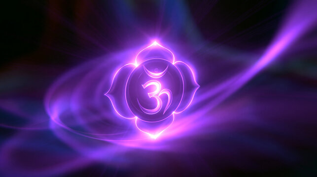3D render of a violet-purple crown chakra energy symbol glowing during a meditation session, spiritual enlightenment concept, with copy space