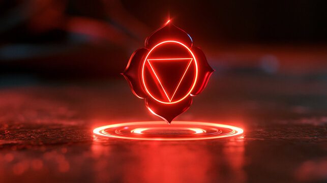 3D render of a glowing red root chakra energy symbol during a grounding meditation session, spiritual stability concept, with copy space