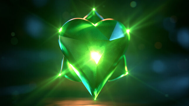 3D render of a glowing green heart chakra energy symbol during a meditation session, spiritual love and compassion concept, with copy space