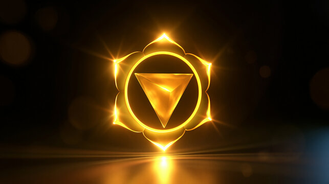 3D render of a glowing yellow solar plexus chakra energy symbol during a meditation session, spiritual confidence and willpower concept, with copy space