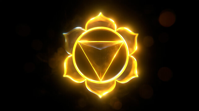 3D render of a glowing yellow solar plexus chakra energy symbol during a meditation session, spiritual confidence and willpower concept, with copy space