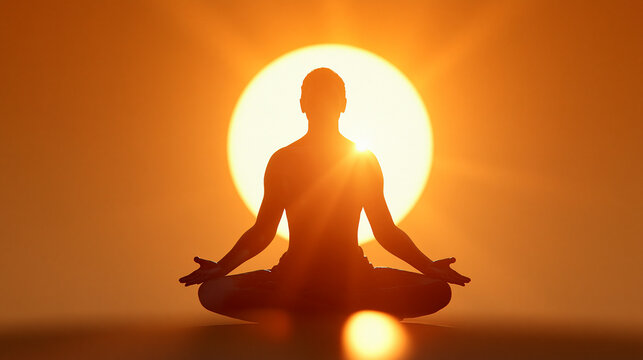 3D render of a meditating figure silhouetted against an intensely glowing sun, spiritual enlightenment concept, with copy space