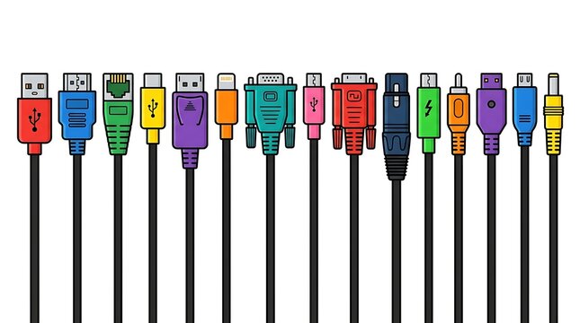 Assorted colorful usb and hdmi cables collection