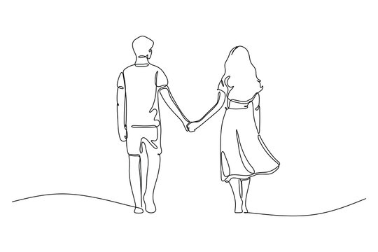 Couple Walking Hand in Hand in Continuous Line Art Symbolizing Love and Togetherness