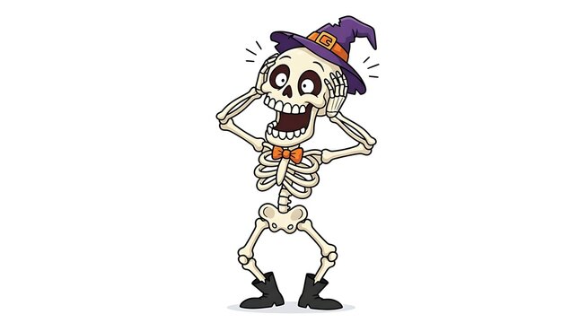 Cartoon skeleton wearing witch hat and bow tie