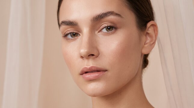 Close-up portrait of a young woman with glowing, natural skin and brown eyes, set against a soft neutral background with sheer curtains.