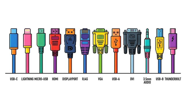 Colorful assortment of computer cables and connectors