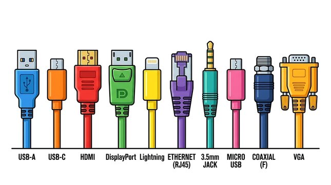 Colorful assortment of cable connectors illustration