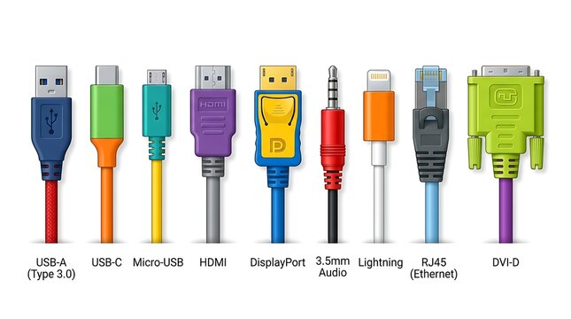 Colorful computer cable connectors set illustration