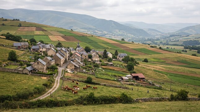Rustic mountain village in a green valley, traditional stone houses in a rural landscape, scenic countryside with rolling hills and agricultural fields