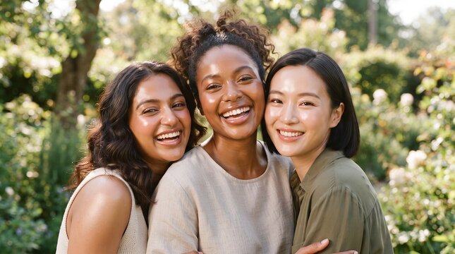Three joyful women of diverse backgrounds smiling and hugging in a sunny, lush garden, celebrating friendship and glowing natural skin.
