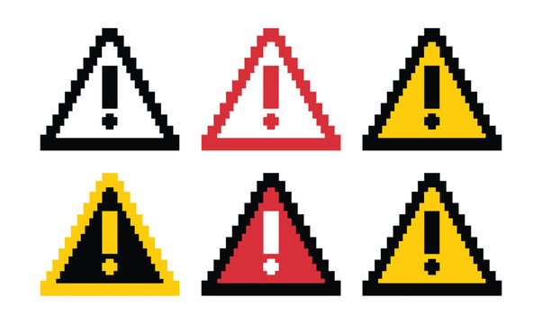Pixelated Warning Signs: A collection of six pixel art warning signs, each featuring a black exclamation mark within a triangular border in varying colors including red and yellow.
