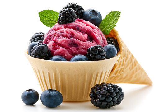 Berry ice cream in a waffle cone bowl with fresh blackberries, blueberries and mint leaves isolated on white background