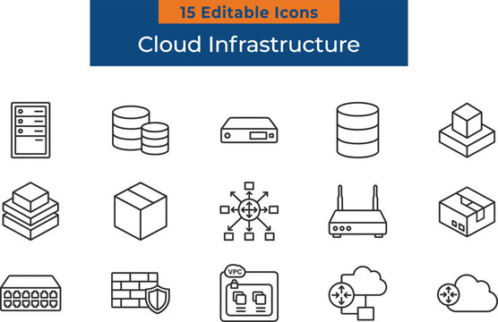 Cloud infrastructure vector icons set featuring servers databases routers network switches and virtual private cloud elements