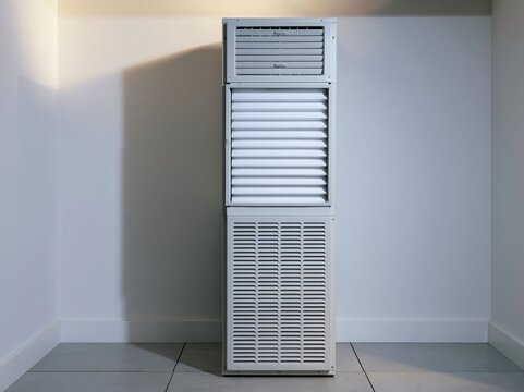 Vertical air handler unit in a utility closet with soft light from above
